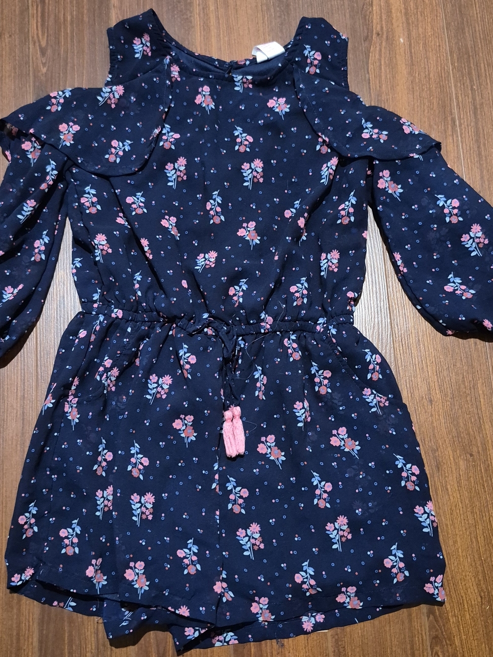 Girls Navy Floral Cold-Shoulder One Piece Shorts Outfit with Pink Tassel Tie